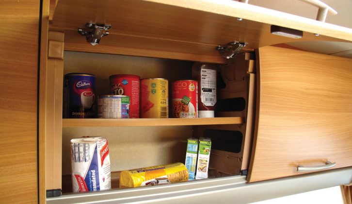 Storage space is limited in the kitchen of the 2009 Swift Charisma 565, reviewed by Practical Caravan