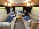 Leather upholstery, a £1000 option, and dark wood cabinets give an opulent feel in the 2012 Buccaneer Caravel
