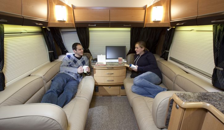 Leather upholstery, a £1000 option, and dark wood cabinets give an opulent feel in the 2012 Buccaneer Caravel