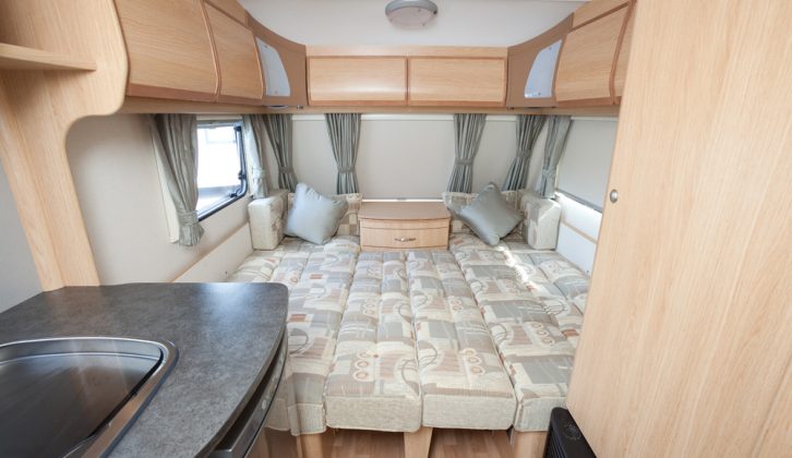 Front lounge cushions fit snugly to form a comfortable double bed in the  Coachman Amara 550/5 – read Practical Caravan's expert verdict, with the full spec and prices