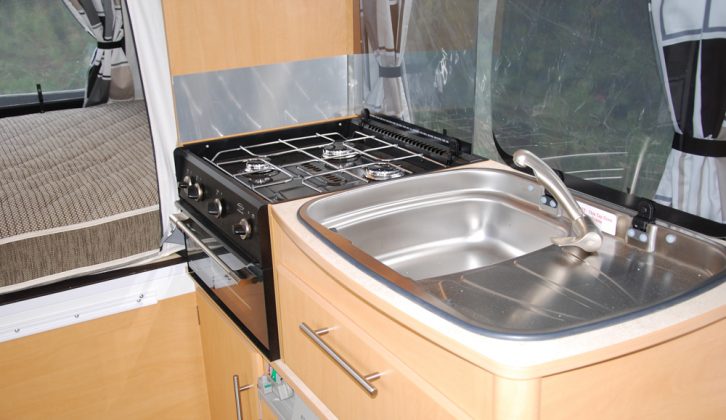 Kitchen is perfectly workable in the Pennine Quartz 4, a lightweight convertible caravan for couples, reviewed by Practical Caravan's experts