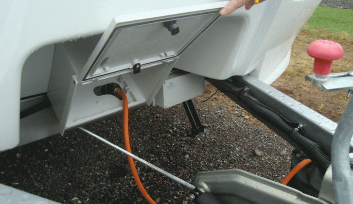 Gas in the 1-RV Edge M21 caravan is supplied by a free-standing cylinder
