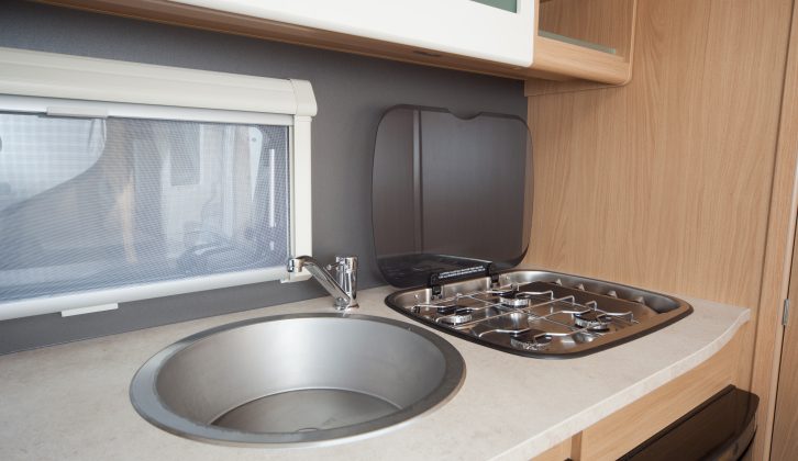 There's a compact kitchen in The Elddis Avanté 372,  a two-berth caravan that's light and easy to tow, as Practical Caravan's expert reviewers discover