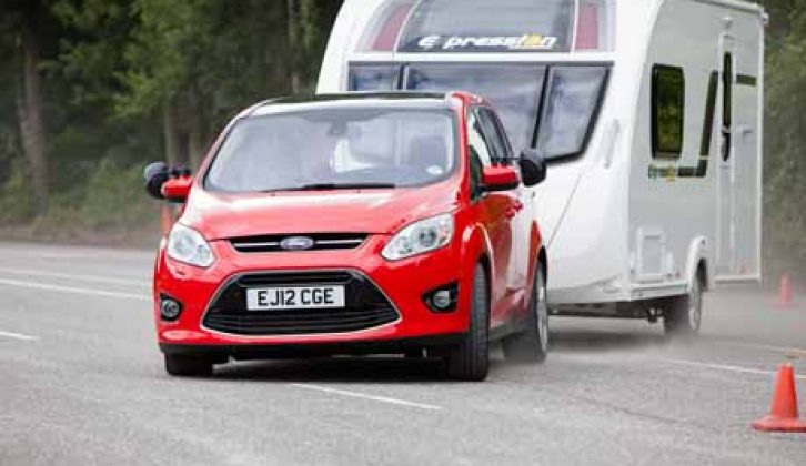 Here the Ford Grand C-Max tugs a Swift Expression 442 in Practical Caravan's tow car test