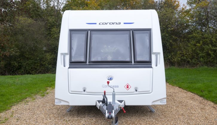 The front view of the Compass Corona 462 shows off it's sleek modern lines, write Practical Caravan