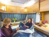 With it's modern fabrics and soft furnishings, the lounge of the Compass Corona 462 becomes a cosy haven when the front double bed has been made up, Practical Caravan say.