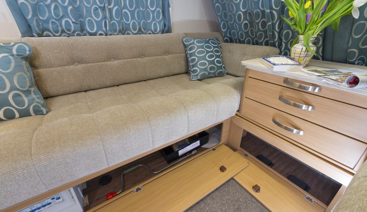 On the Compass Corona 462, there's no external access to the storage space under the lounge sofas, but both seat boxes have front flaps to enable easier access.