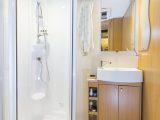 The huge washroom in the Compass Corona 462 is a real treat, and Compass has refused to compromise on shower size or storage space