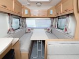 The lounge of the Elddis Xplore 505, reviewed by Practical Caravan, is bright and airy, but plain fabrics won't hide wear and tear