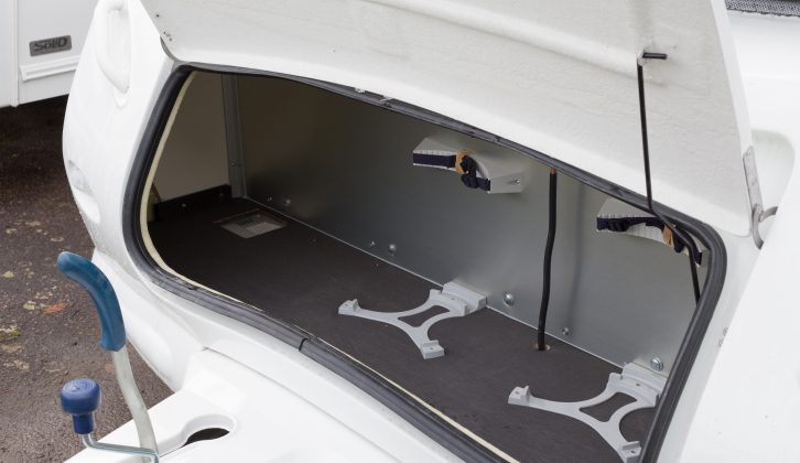 Touring kit can be loaded right into the corners of the Elddis Xplore 505's gas locker, as suggested by Practical Caravan's experts