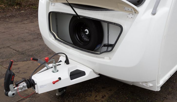 With the gas locker of the 2013 Sprite Major 6 on the nearside, the front locker can accommodate the spare wheel and some touring kit, say Practical Caravan's testers