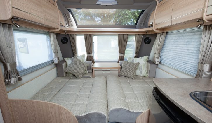 The extending seat base makes it easy to convert the lounge in the Coachman Pastiche 565/4 into a double bed