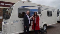 Patrick Willoughby, Retailer Principal at Lee Davey, gave Practical Caravan reader Shelley Kettle the keys to her prize winning Bailey Pegasus GT65 Rimini