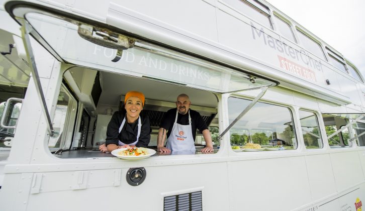 Sit in the orange booths on the top deck while MasterChef maestros including Mat and Jackie cook up delicious street food