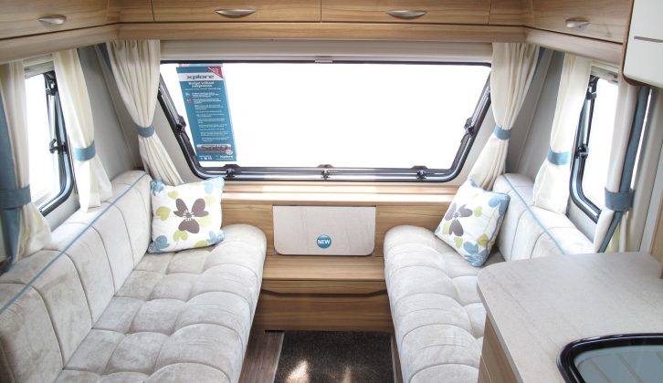 Practical Caravan's experts liked the contemporary grey upholstery and walnut cabinet work inside the Xplore 574