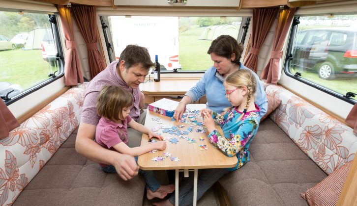The front lounge of the Bailey Pursuit 560-5 is big enough for four, and the large shelf below the window is great for putting things, say Practical Caravan's expert reviewers