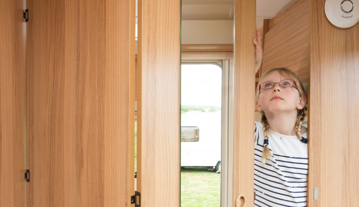 The narrow wardrobe in the Bailey Pursuit 560-5 offers little full-height hanging space, say Practical Caravan's expert reviewers