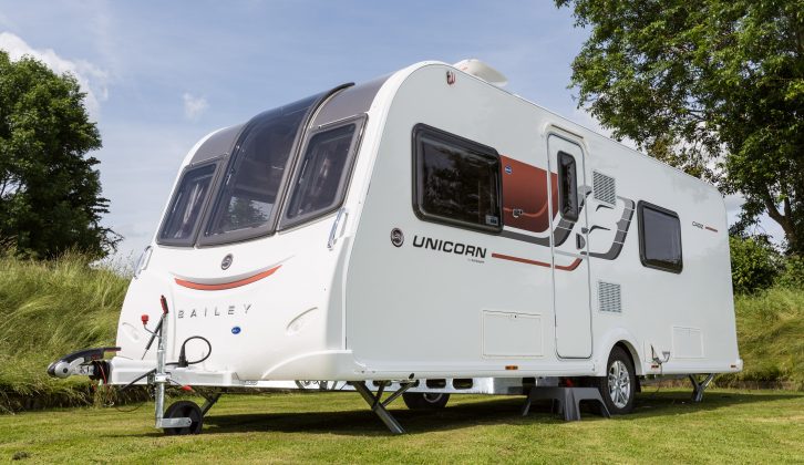 Here is the 2015 Bailey Unicorn Cadiz, a fixed-twin bed, two-berth caravan with new exterior graphics