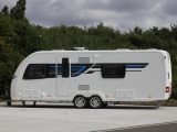 The twin-axle Sterling Continental 630 has a fixed double bed and smart, blue, exterior graphics