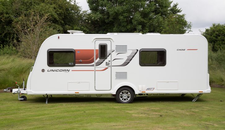 The graphics on the new Unicorn Cadiz better accommodate the front window of this 2015 Bailey caravan