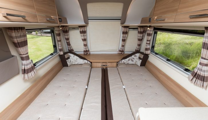 The front double bed in the 2015 Unicorn Cadiz measures 1.98m by 1.80m