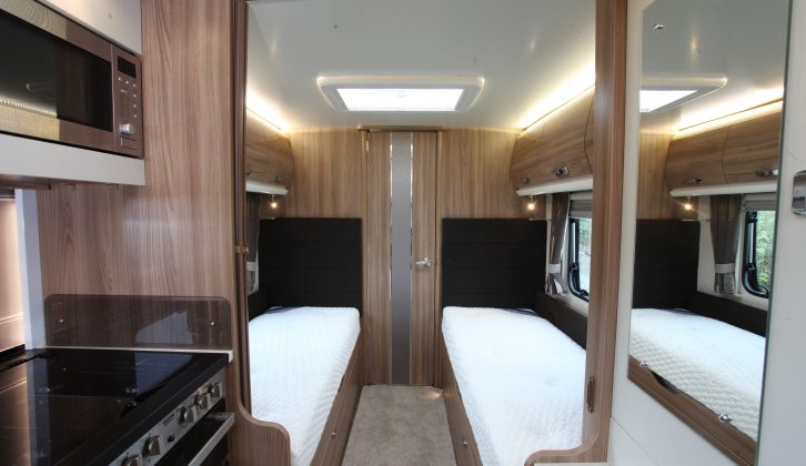 The two fixed beds in the Elegance 565 have Duvalay Duvalite mattresses, the nearside berth measuring 1.84m x 0.68m, the shorter offside 1.72m x 0.68m