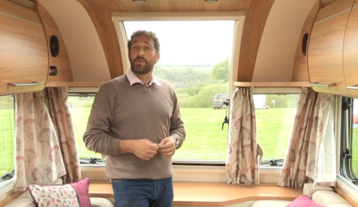 The smartly finished lounge in the Bailey Pegasus GT65 Rimini is bright thanks to the large window – watch the full review in our TV show