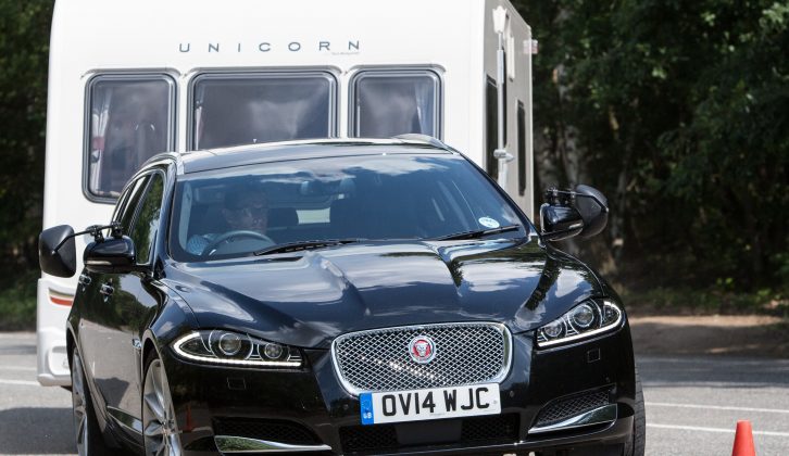 The Jaguar XF Sportbrake gripped the Tarmac strongly throughout the Practical Caravan lane-change test, forcing the tourer to follow obediently