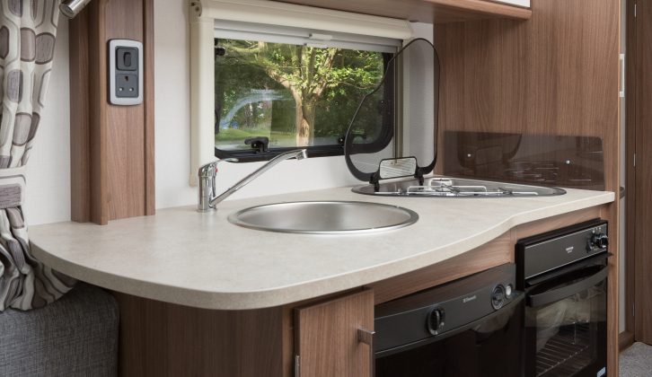 Stone-effect worktop is plentiful as well as attractive in the very usable kitchen of the Venus 540/4, report reviewers from Practical Caravan