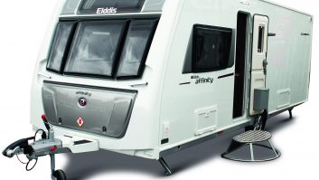 New graphics help break up the uninterrupted expanse of sidewall on the nearside of the Elddis Affinity 554, which adds a new layout to the range for 2015
