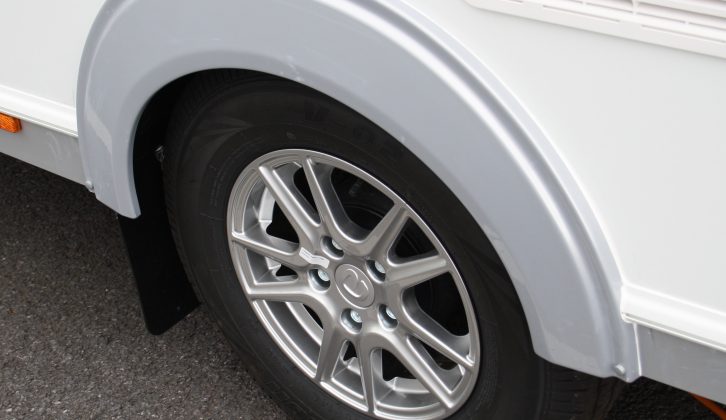 Grey skirts frame the attractive alloy wheels of the Elddis Affinity 554, while the shade is picked up by the front locker lid and the sunroof's surround, Practical Caravan reports