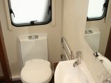 The full width end washroom of the Elddis Affinity 554 is narrow but well-appointed, including an Alde system heated towel rail/radiator