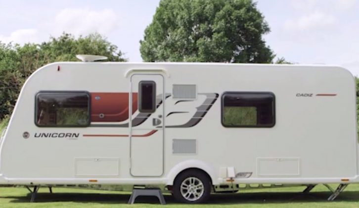 Bold new graphics adorn the new for 2015 Bailey Unicorn Cadiz, reviewed by Practical Caravan's Group Editor Alastair Clements in our new TV show