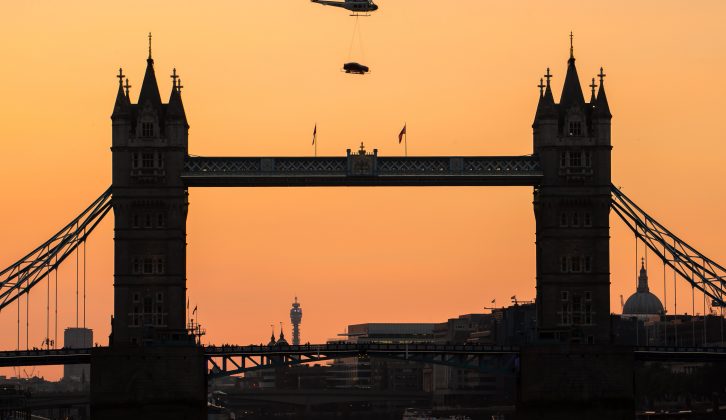 This iconic British brand made the most of the capital for the Jaguar XE's reveal, a helicopter carrying the car past famous landmarks en route to its Earls Court debut