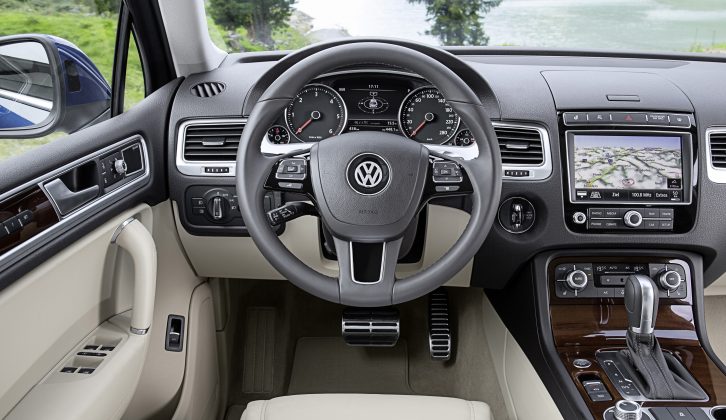 Build quality is high in the cabin of the facelifted Volkswagen Touareg, which costs a little more than before, between £43,000 and £47,500