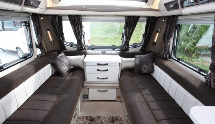 Plenty of natural light can stream into the Sterling Continental 630's lounge via the sunroof and large windows to offset the bold, modern colours of the soft furnishings
