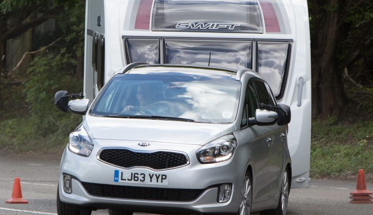 The Kia Carens leaned heavily in Practical Caravan's demanding lane-change test and did not grip well, even on a dry track