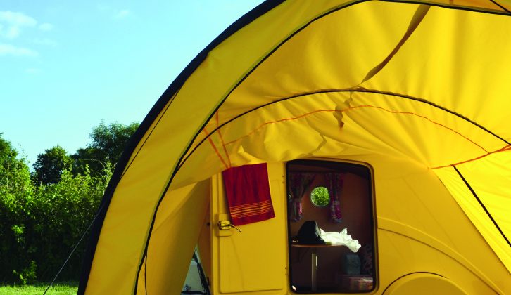 The Standard Pod awning, which is being developed, will boost living space by 50% and the Practical Caravan review team found it really handy