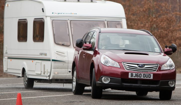The tourer pushed the Subaru Outback during Practical Caravan's lane-change test, but the car stayed in control