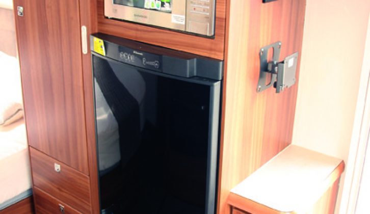 The microwave oven comes as standard and is fitted for safe use at chest height, just above the large fridge/freezer in the 2015 Buccaneer Cruiser