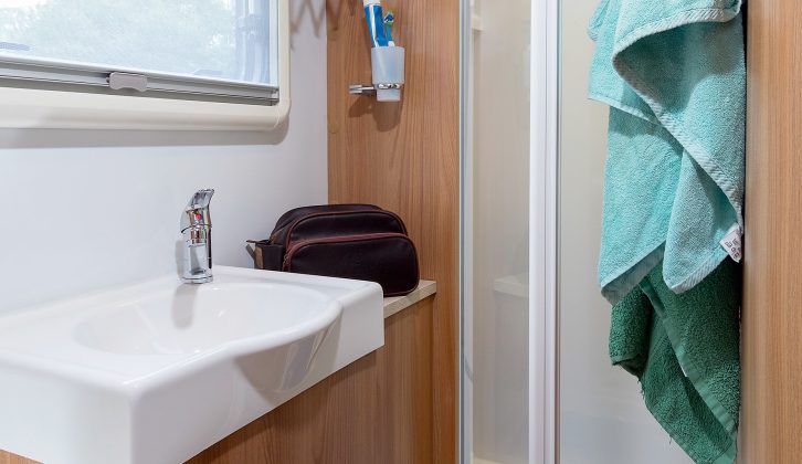 Practical Caravan's reviewer says that the spacious washroom will stay warm thanks to an Alde radiator in the Bailey Unicorn III Valencia