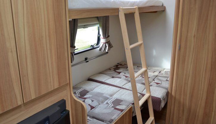 With its side dinette turning into bunk beds (lower 0.7m x 1.8m; upper 0.58m x 1.8m), the Elddis Sanremo 304 dealer special from Venture Caravans is a family-friendly four-berth