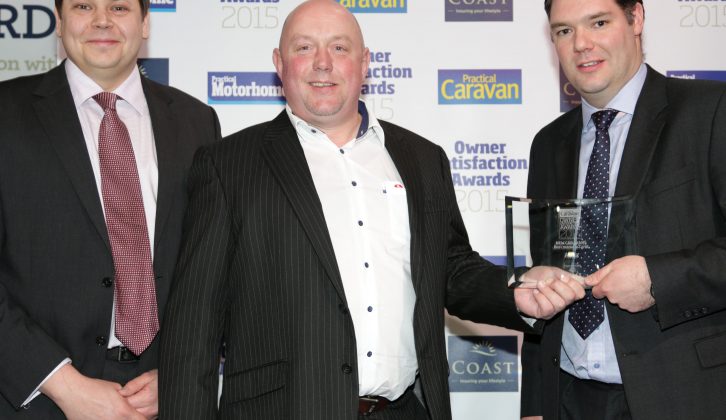 Peter Dabell of Adria (centre) collected the Slovenian brand's award from Practical Caravan's Alastair Clements (left) and Robert Tuke of Coast