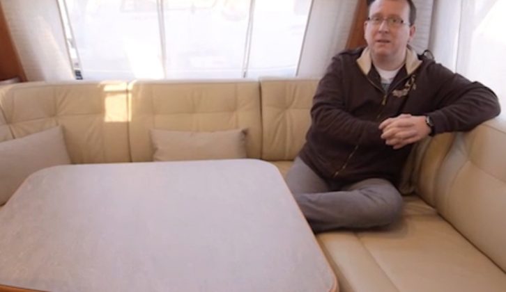 There's a hewn from solid feel inside this Hymer caravan – watch our full review in our TV show