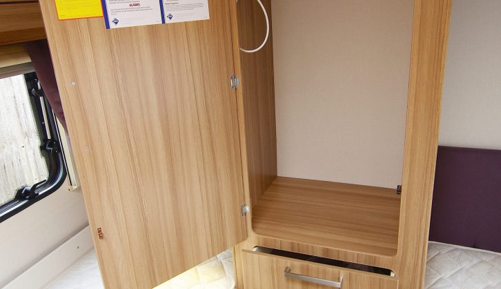 Take a peek inside the wardrobe in the 2015 Lunar Lexon 590 caravan – the three drawers below the hanging space are very welcome