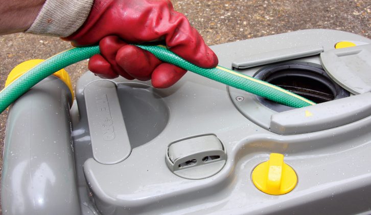 When emptying and cleaning out your caravan's toilet cassette it's handy to use the dedicated chemical waste disposal point's hose pipe to dislodge any paper that's stuck – but never take the cassette to a drinking water tap hose