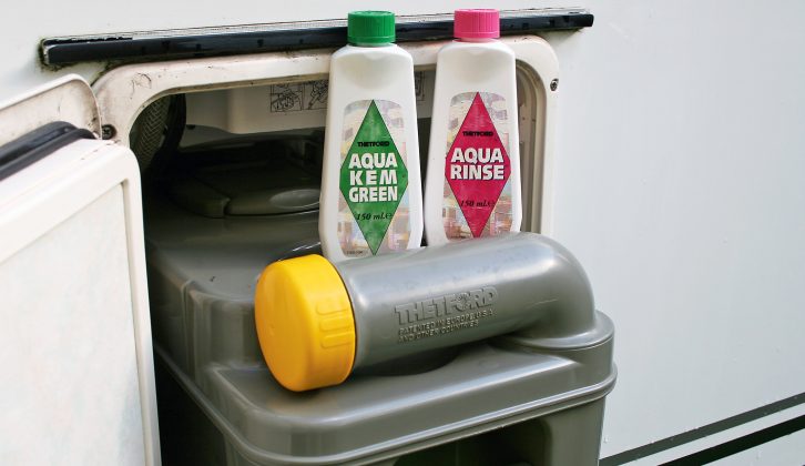 Camping accessories shops sell specialist toilet fluids for caravans and there are plenty to choose from – some liquid; some crystals; some kinder to the environment than others