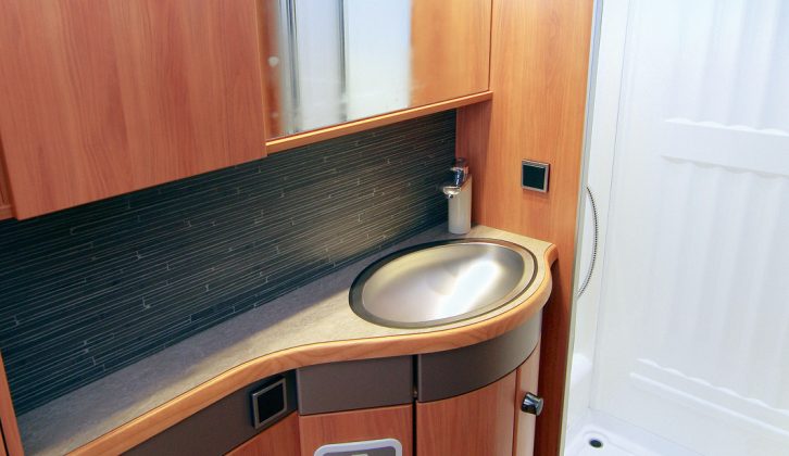 The washroom is shallow but well designed in the Hymer Nova GL 590 caravan