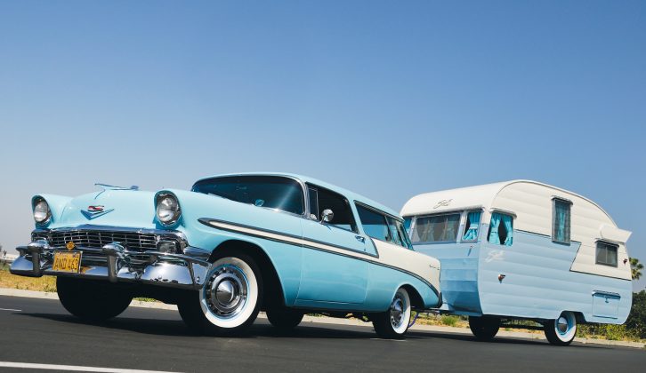 Karen and David Jennings tow their 1956 Shasta 1500 with a 1956 Chevrolet Nomad