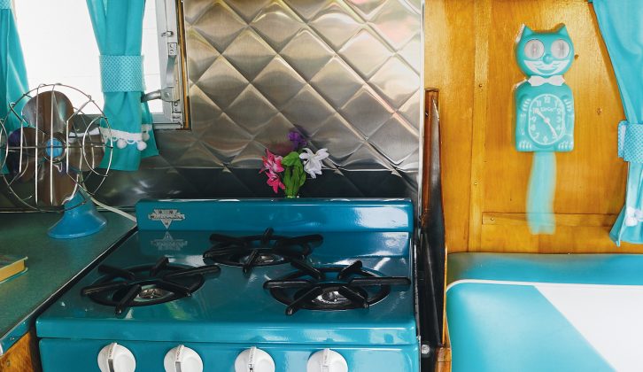 The Shasta’s kitchen hardware has been powder-coated to match the colours of the Chevy Nomad tow car